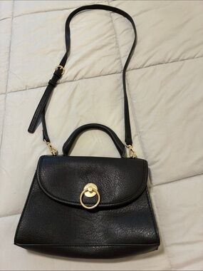 LC Lauren Conrad Black Leather Top-Handle Crossbody Bag with Gold Ring Accent